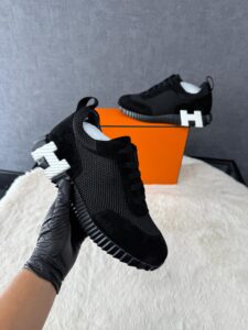 Hermes Bouncing Sneakers Black Suede, White Logo